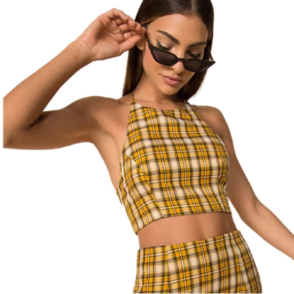 superdown Tops - Superdown Deon halter top yellow plaid nwt size medium